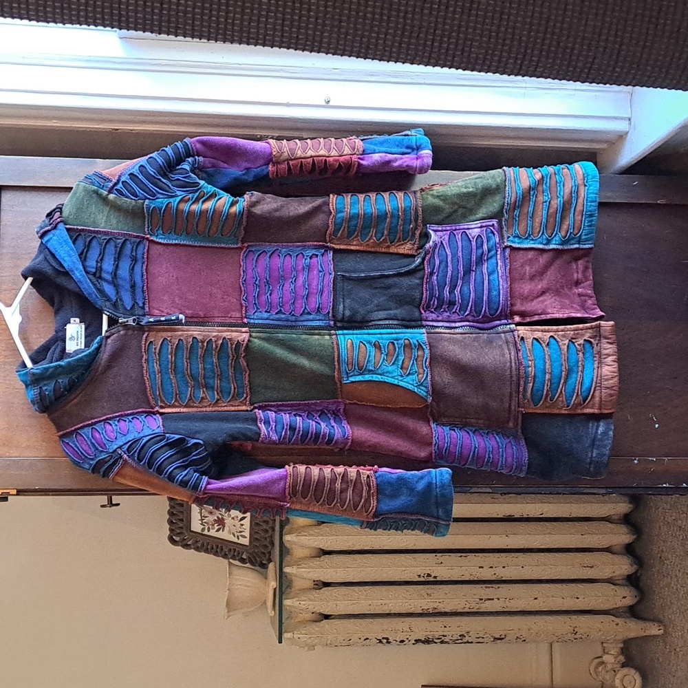 Ark Imports size Med heavy fleece lined multi color patchwork boho jacket